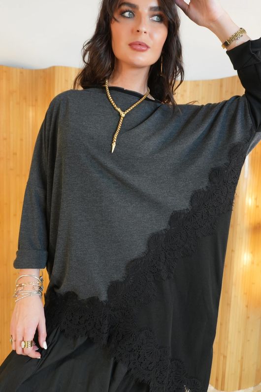 Elena Knit Slant Lace Top Charcoal